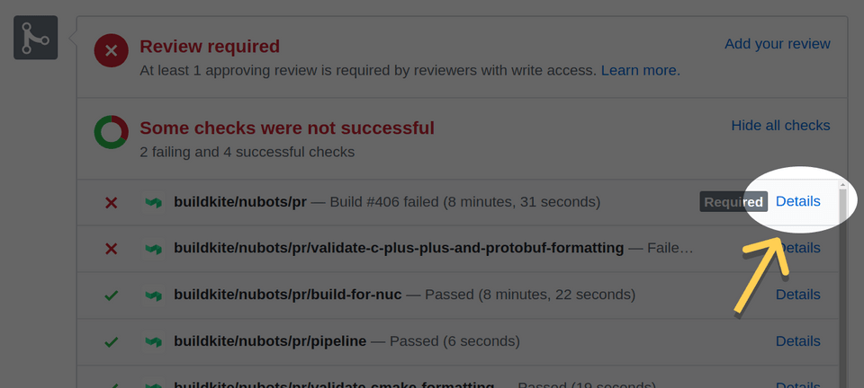 Screenshot of the build checks section of the PR page, with arrow pointing to primary link